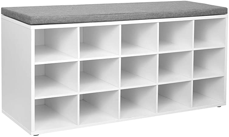 VASAGLE Shoe Bench with Cushion, 15-Cube Storage Bench, Holds up to 440 lb, White ULHS15WT