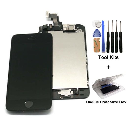 cellphoneage® for iPhone 5S Black Full Set with Spare Parts LCD Screen Replacement Digitizer with Home Button, Bracket, Flex, Sensor, Front Camera, Frame Housing Assembly Display Touch Panel   Free Repair Tool Kits
