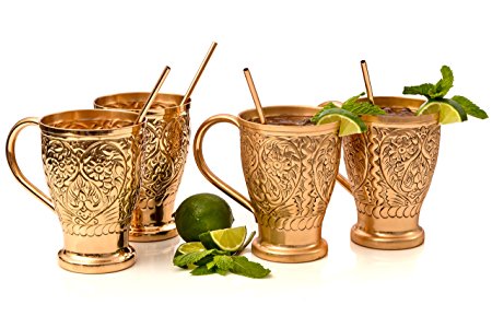 Moscow Mule Pure Copper Mugs with Bonus Copper Straws/Stir Sticks. Kamojo Embossed Gift Set of 4