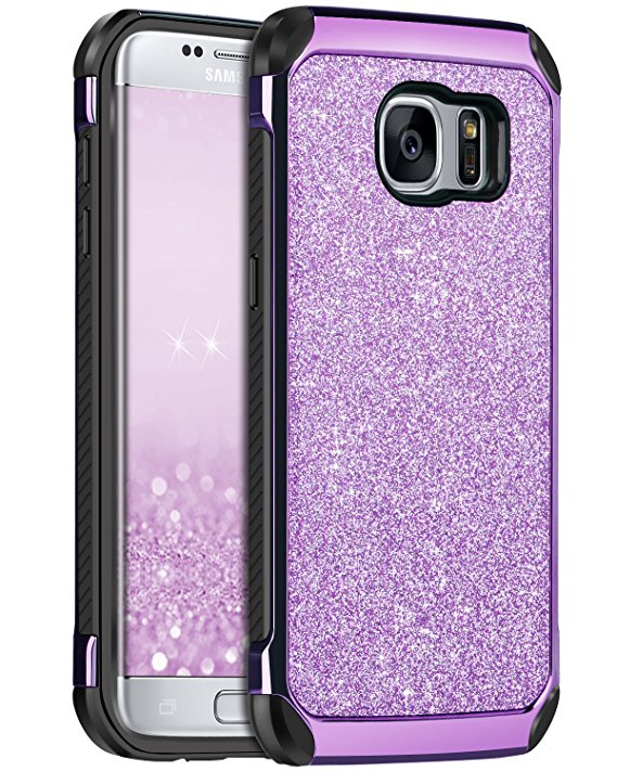 S7 Edge Case, Samsung S7 Edge Cover, BENTOBEN 2 in 1 Slim Dual Layer Luxury Glitter Bling Hybrid Hard PC Laminated with Sparkly Shiny Faux Leather TPU Shockproof Bumper Protective Phone Case for Samsung Galaxy S7 Edge (5.5 inch), Purple