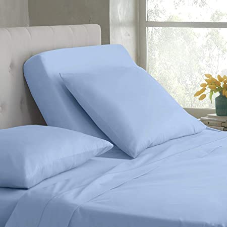 Split Head Flex Kign Sheet Set 4Pcs, Half Split Sheets Sets for Adjustable beds, 100% Cotton Split King Sheets, deep Pocket Upto 16 inches (Light Blue Solid, King/32 Top Split)