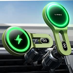 LISEN for MagSafe Car Mount Charger, 15W Magnetic Wireless Car Charger, Compatible with MagSafe Car Charger, Air Vent Phone Holder Mount for iPhone 15/14/13/12, Fast Charging, Green