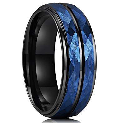 King Will HAMMER 8mm Blue Hammered Tungsten Carbide Ring Black Two Tone Wedding Band Groove Step Edge Comfort Fit