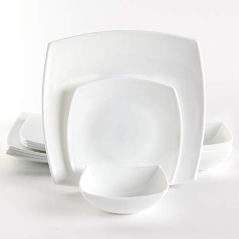 Gibson Home Bellevue Court 12 Piece Dinnerware Square Set, White Opal