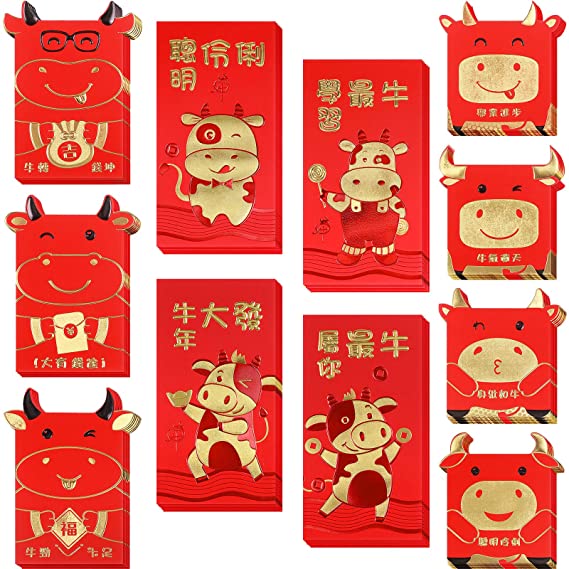 64 Pieces 2021 Chinese 3 Sizes Ox Year Lucky Money Pockets Spring Festival Hong Bao Chinese Red Envelopes Red Packets for Chinese Lunar New Year Birthday Wedding, 16 Designs