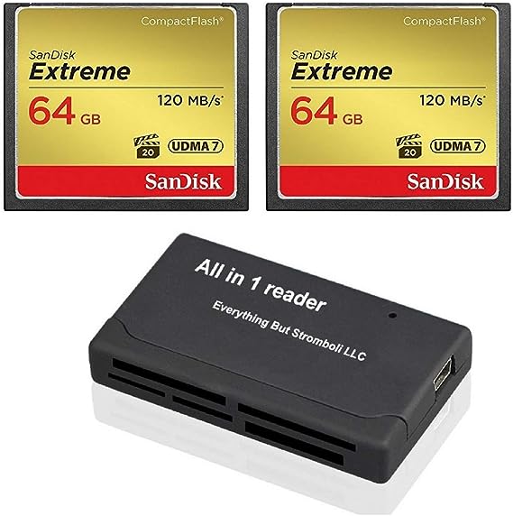 SanDisk Extreme 64GB CompactFlash CF Memory Card (2 Pack) Works with Canon EOS 5D Mark IV Digital DSLR Cameras HD UDMA 7 (SDCFXSB-064G-G46) Bundle with Everything But Stromboli Combo Reader