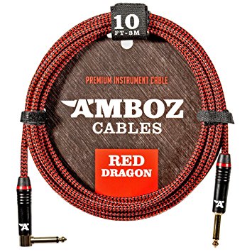 Red Dragon Guitar Cable – Sturdy & Ultra Flexible Instrument Cable For Electric & Bass Guitar Players - Super Noiseless, Used By Amateurs & Pros Alike - 10 FT / straight–rect. / Get Ready To Rock!