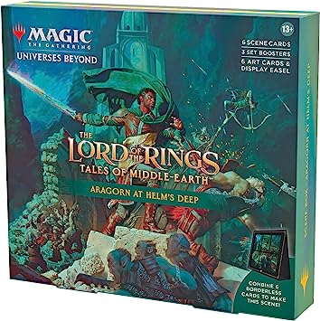 Magic The Gathering The Lord of The Rings: Tales of Middle-Earth Scene Box - Aragorn at Helm’s Deep (6 Scene Cards, 6 Art Cards, 3 Set Boosters   Display Easel)