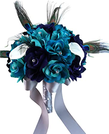 Angel Isabella 9" Bouquet-Lighter Teal,Eggplant Purple Open Roses,Calla Lily,Peacock Feather Bouquet