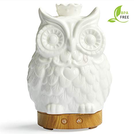 Essential Oil Diffuser 120ml Cool Mist Humidifier -14 Color LED Nihgt lamps - Crafts Ornaments All in One Upgrade Whisper-Quiet Operation Ultrasonic Ceramics Owl Humidifiers（wood grain base)