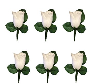 Set of 6 White Rose Boutonniere with Pin for Prom, Party, Wedding