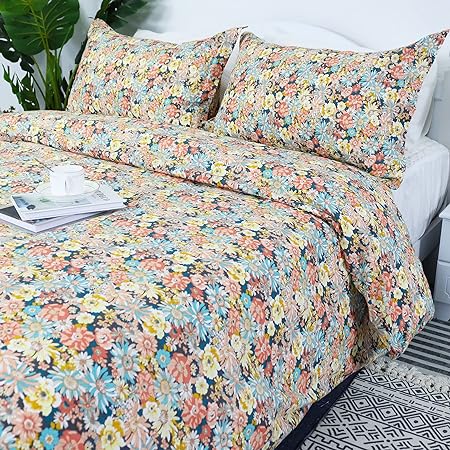 Softta Vintage Damask Floral Boho Queen Size 3Pcs Duvet Cover Set Luxury Boho Rustic Style, Bright Floral Pattern 100% Washed Cotton