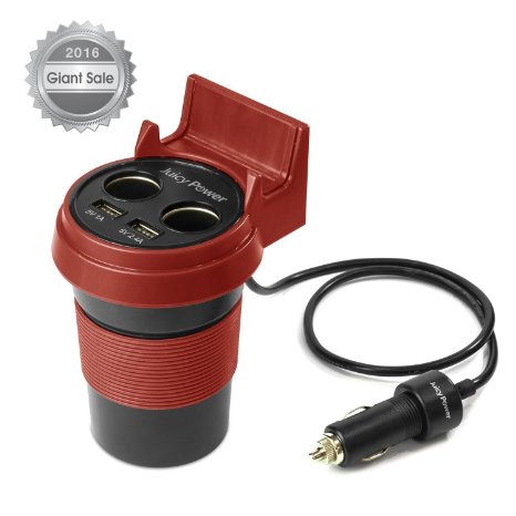 Juicy Power 34A USB and Cigarette Socket Cup Holder Car Charger - Red