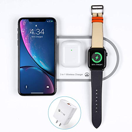 2019 Upgraded Wireless Charger 3 in 1 Wireless Charging Pad Fast Apple Charge Dock Station for Air Pods Pro 1 2 iWatch Series1 2 3 4 5 iPhonePro 11 8 8 Plus X Xr Xs Max with QC 3.0 Adapter