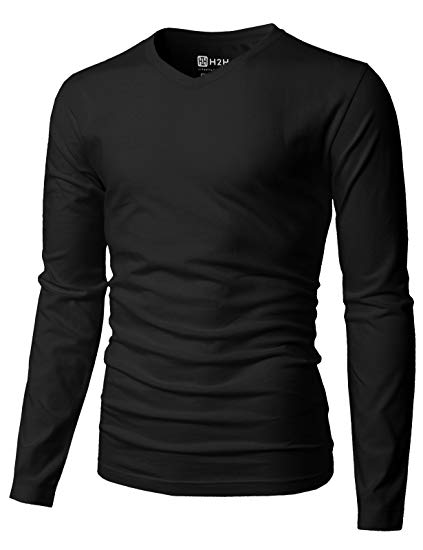H2H Mens Casual Premium Slim Fit T-Shirts V-neck Long Sleeve Cotton Blended