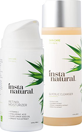 InstaNatural Glycolic Facial Cleanser & Retinol Moisturizer 3 Month Age Defense Bundle Pack – For Exfoliation & Renewal, Anti Wrinkle, Hyperpigmentation & Dry Skin Treatment (6.7oz/3.4oz)