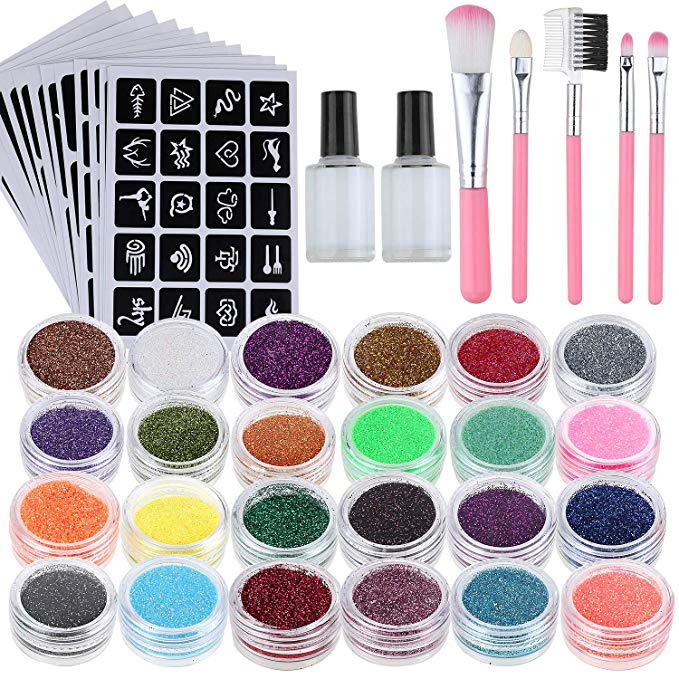 Lictin Glitter Tattoo Set- 24pcs Cosmetic Glitter Tattoo Set Tattoo Stencils Glitter Tattoos Temporary Tattoo Template Set with 117 Stencils, 2 Glue, 5 Brushes Ideal Gift