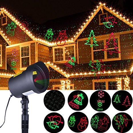 Christmas Laser Lights Projector Auto Moving 8 Patterns, Outdoor Xmas Lights Theme Landscape for Halloween Christmas Decorations with Santa, Snowman, Xmas Tree, Jingle Bell, etc