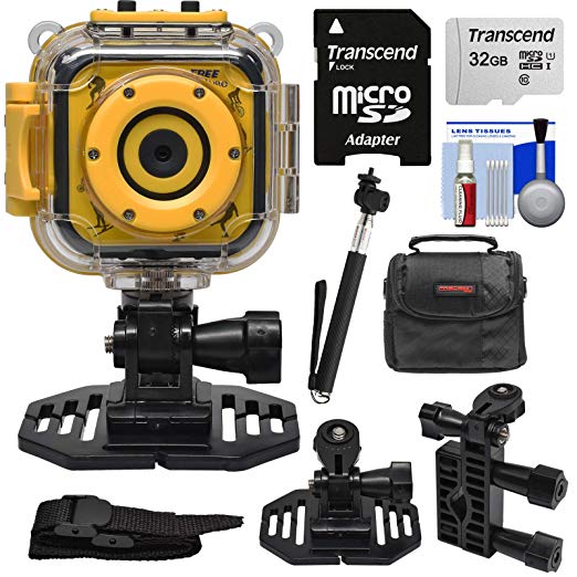 Precision Design K1 Kids HD Action Camera Camcorder (Yellow/Black) with Helmet & Handlebar Bike Mounts   32GB Card   Case   Selfie Stick   Kit