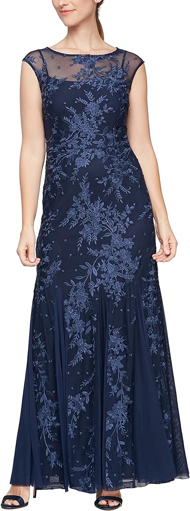 Alex Evenings Women's Long Fit and Flare Dress Godet Detail (Petite and Regular)