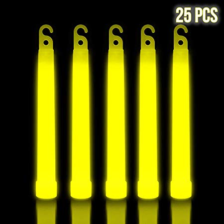 Lumistick 6 Inch Premium Glow Sticks | 15mm Thick Flat Bottom Illuminating Glowing Sticks | Waterproof & Non-Toxic Light Up Neon Sticks with Hook for Camping & Hiking (Yellow, 25 Glow Sticks)