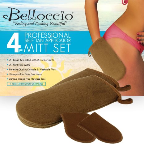 Belloccio Set of 4 Premium Self Tanning Applicator Mitts; 2 Double Sided Premium Large Mitts and 2 Mini Facial Tanning Mitts for Sunless Tan Lotions and Sprays