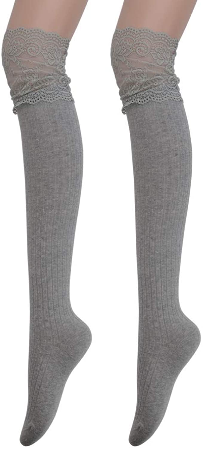 Zelta Women's Lace Top Over Knee Stripe Leg Socks Stocking Knee-High Hosiery Soft Cotton