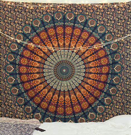 Popular Handicrafts Hippie Mandala Bohemian Psychedelic Intricate Floral Design Indian Bedspread Magical Thinking Tapestry 84x90 Inches,(215x230cms) Blue