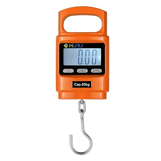 Klau Fish Weighing Scales, Portable 100 lb / 1600 oz Heavy Duty Digital Hanging Scale LCD Display with Backlight Orange for Home Farm Hunting Outdoor