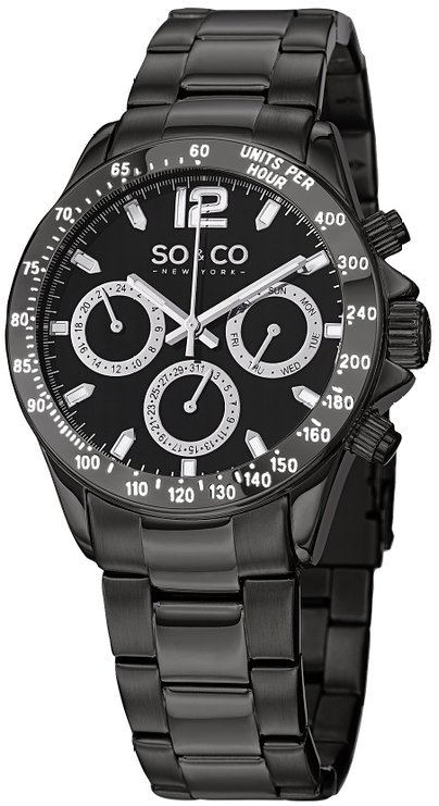 SO&CO New York Men's 5001.3 Monticello Quartz Day and Date Black Stainless Steel Link Bracelet Watch