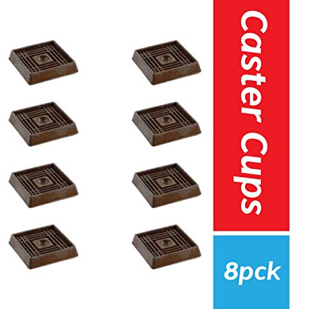 Furniture Caster Cups for Carpet and Finished Surfaces, 2” Square Rubber Anti-Slip Wheel Grippers Floor Protectors, 8 Pack, Brown