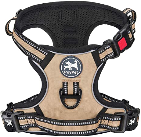 PoyPet No Pull Dog Harness, [Release at Neck] Reflective Adjustable No Choke Pet Vest with Front & Back 2 Leash Attachments, Soft Control Training Handle for Small Medium Large Dogs