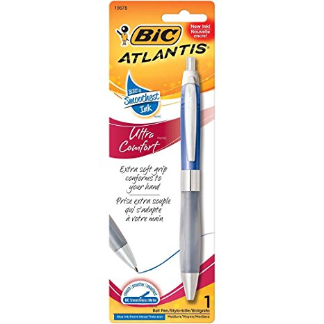 BIC Atlantis Ultra Comfort Retractable Ball Pen, Extra Soft Grip, Medium Point (1.2 mm), Blue, 1-Pack