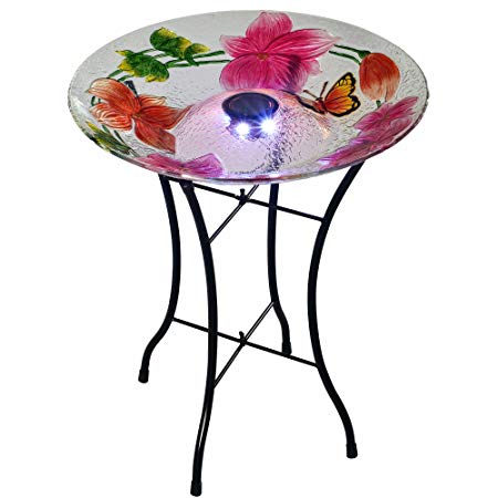 Peaktop 3216980 Outdoor Flower Fusion Glass Solar Bird Baths, 18" White/Pink