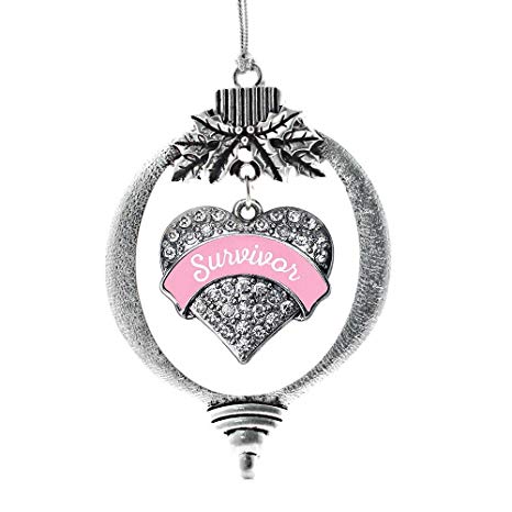 Inspired Silver Pink Script Survivor Breast Cancer Support Pave Heart Holiday Christmas Tree Ornament With Crystal Rhinestones