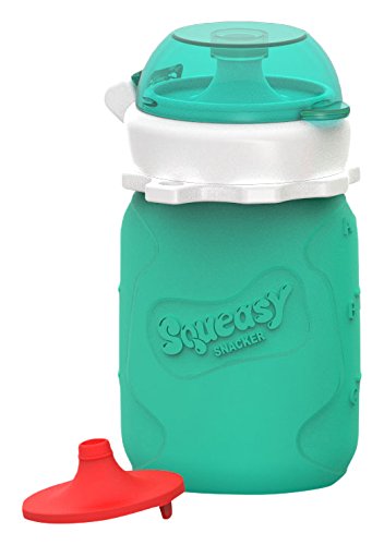 Squeasy Snacker 3.5oz 100% Food Grade Silicone Reusable Food Pouch, featuring the No Spill Insert - Aqua