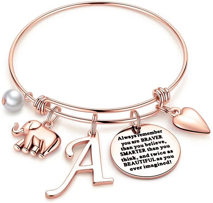 M MOOHAM Elephant Gifts for Women Girls, Rose Gold Initial Elephant Charm Bracelets for Women Girls Friends Mom Daughter Birthday Inspirational Jewelry