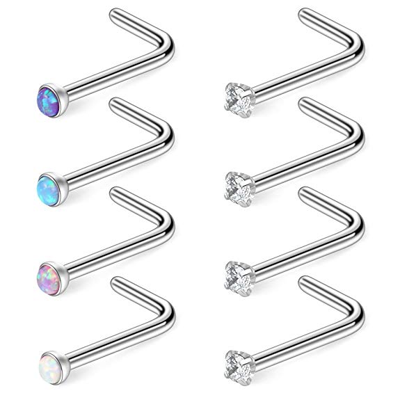 Ruifan 20G 316L Surgical Steel 1.5mm 2mm 2.5mm 3mm Jeweled Opal & Clear CZ Nose L-Shaped Rings Studs Ring Body Piercing Jewelry 8PCS