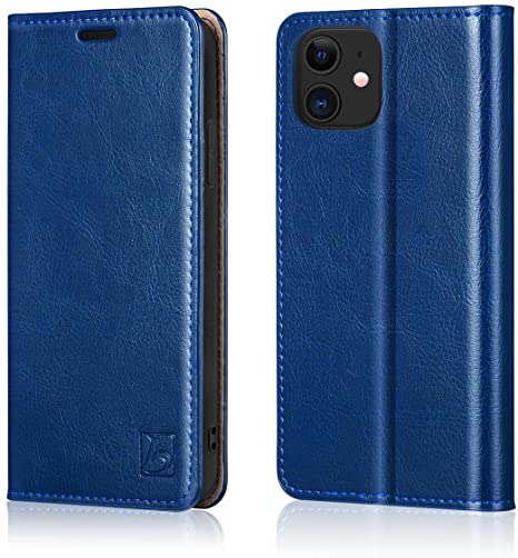 Belemay Compatible with iPhone 12 Mini 5G Wallet Case (5.4" 2020) Genuine Cowhide Leather [RFID Blocking] Credit Card Holder Folio Flip Cover Stand Folding Case, Blue