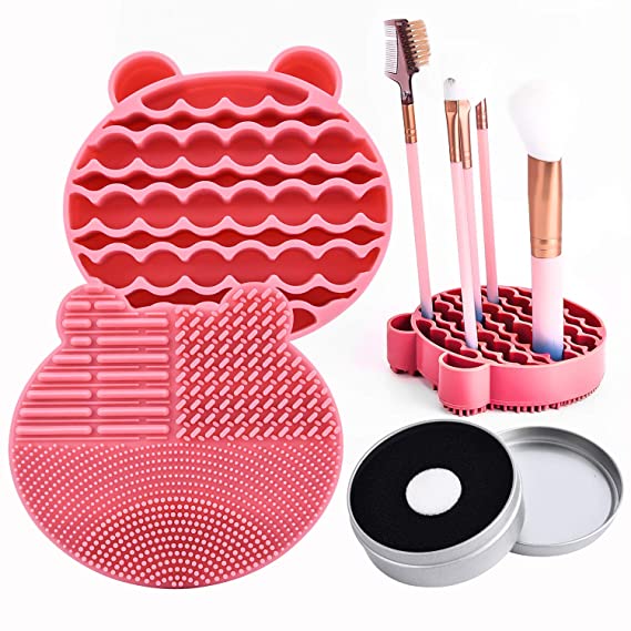 Silicon Makeup Brush Cleaning Mat with Brush Drying Holder Brush Cleaner Mat Portable Bear Shaped Cosmetic Brush Cleaner Pad Makeup Brush Dry Cleaned Quick Color Removal Sponge Scrubber Tool (Pink)