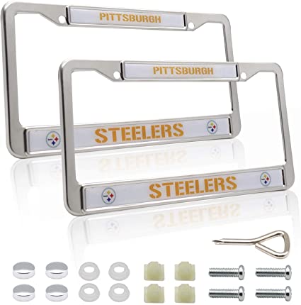 Fast & Furious 2pcs for Pittsburgh Steelers Stainless Steel Car License Plate Frame, Universal American Football Team Logo Auto License Plate Tag Cover (Silver)