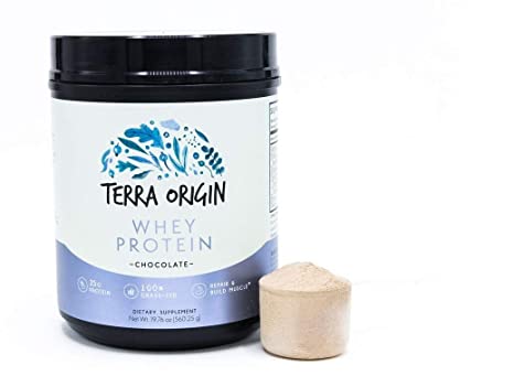 Terra Origin, 100% Grass-Fed, Whey Protein Powder, Chocolate, 15 Servings, Isolate and Concentrate Blend, Repair and Build Muscle, 24g Protein