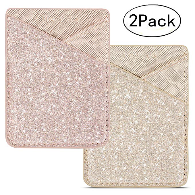 Phone Card Holder Cell Phone Stick On Phone Glitter PU Leather Sleeve Credit for iPhone Samsung Most Smartphones (Rose/Gold)