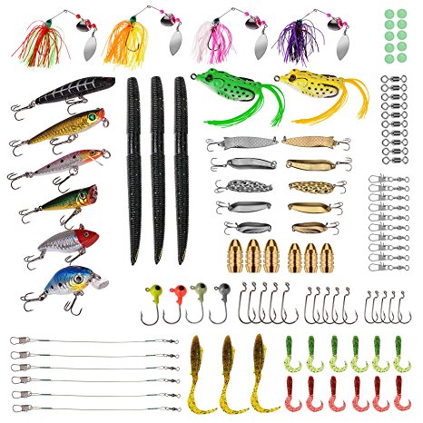 PLUSINNO Fishing Lures Baits Tackle including Crankbaits, Spinnerbaits, Plastic worms, Jigs, Topwater Lures , Tackle Box and More Fishing Gear Lures Kit Set, 102Pcs Fishing Lure Tackle