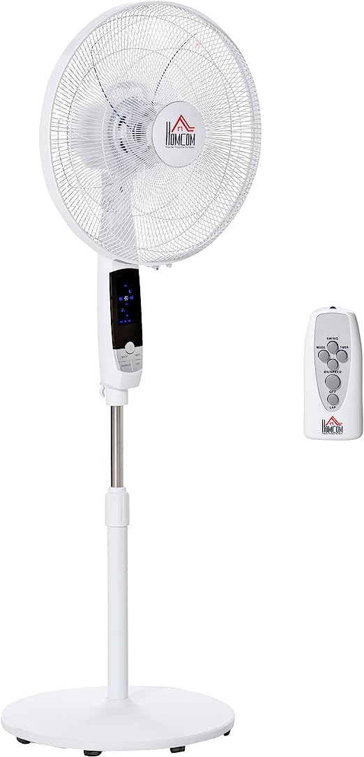 HOMCOM Ventilateur sur pied Ø 42 cm puissant silencieux 50 W hauteur réglable oscillant 85° avec écran LED télécommande minuterie 3 modes 3 vitesses blanc