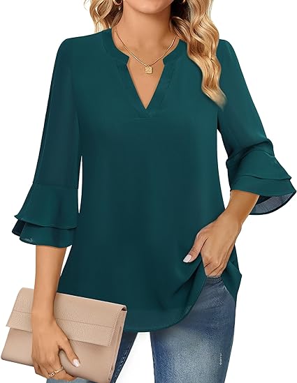 Lotusmile Womens Tops Dressy Casual 3/4 Tiered Bell Sleeve Blouses Double Layered Chiffon Work Tunic Shirts