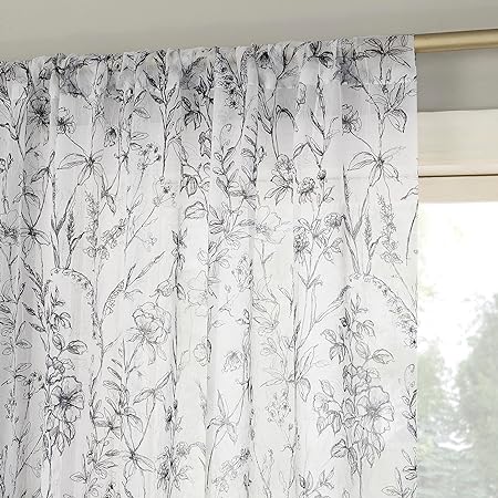 No. 918 Ambree Vintage Floral Sheer Rod Pocket Curtain Panel, 51" x 84", Black/White