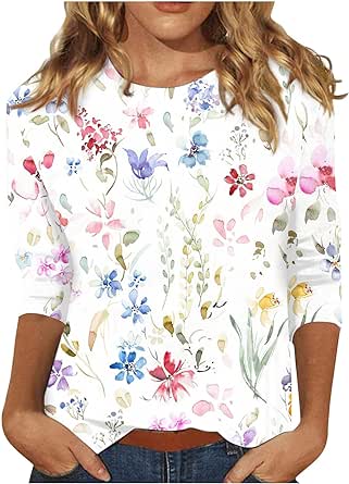 Blouses for Women Dressy Casual Dressy Crew Neck 3/4 Length Sleeve Tops Summer Floral Print Shirts Relaxed Fit Tee