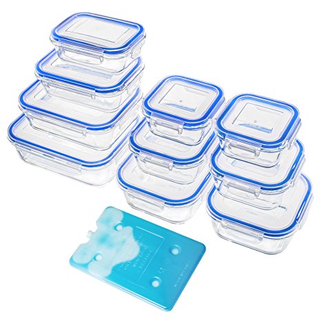 Zestkit 20-Piece Glass Food Storage Containers with Airtight Locking Lids and free Ice Pack - BPA Free Oven Freezer Dishwasher and Microwave Safe