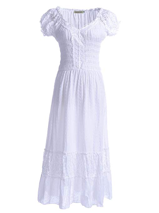 Anna-Kaci Renaissance Peasant Maiden Boho Inspired Cap Sleeve Lace Trim Dress